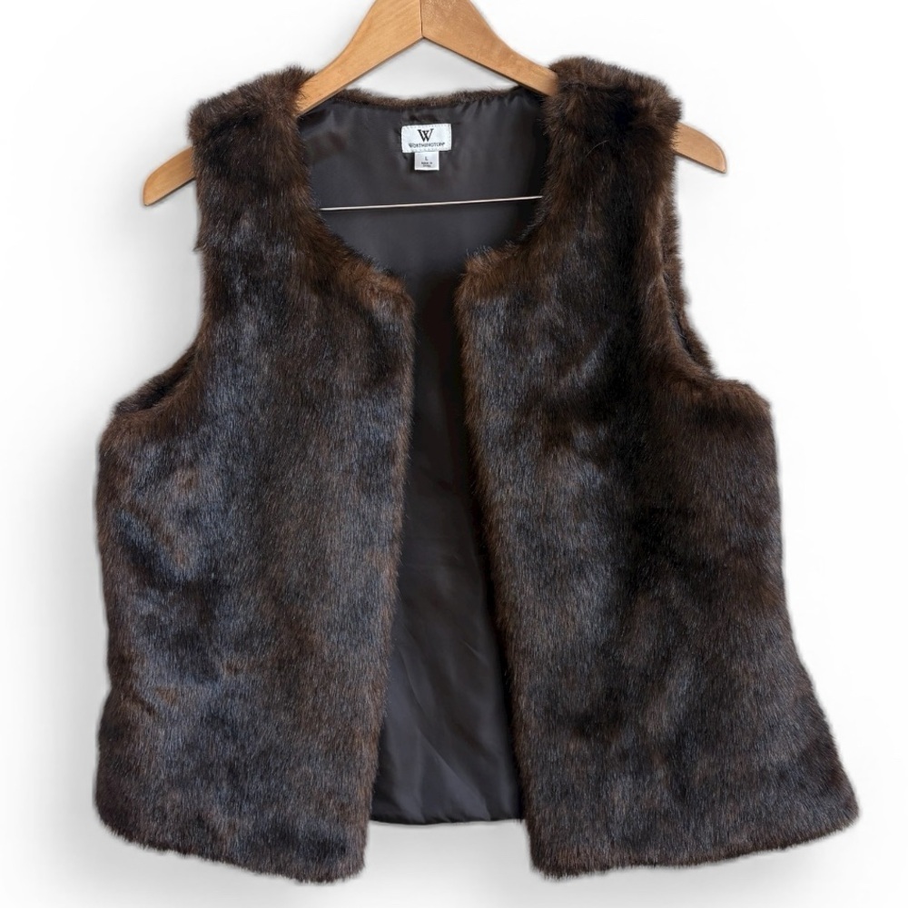 Worthington Faux Fur Vest Brown Open Front Women’s Large